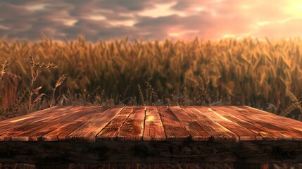 Wall Mural - Rustic wooden table in golden wheat field at sunset. serene countryside scene with warm light. ideal for backgrounds or compositions. AI