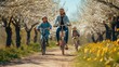 A man and woman happily ride their bicycles through a scenic path, surrounded by plants and nature. AIG41
