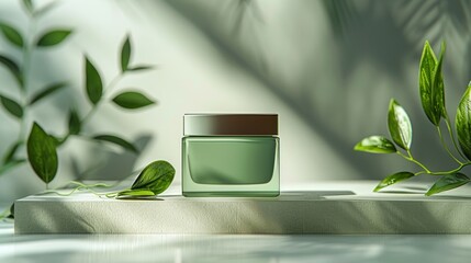 Wall Mural - Green cosmetic packaging mockup presentation packaging mockup cosmetic products. Cream jar, spray, oil, lotion or shampoo, gel shower, liquid soap, antiperspirant Modern-style beauty products