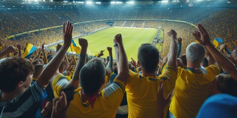 Wall Mural - A fan wearing a yellow jersey exhibits a gesture of joy and excitement in a world stadium, enjoying leisure and fun while watching a team sport ball game. AIG41