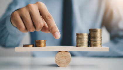 finger rests on one side of wooden seesaw, opposite side holds coin stacks. symbolizing equilibrium,