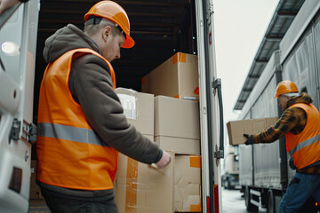 Two Workers Loading Cardboard Boxes In Truck