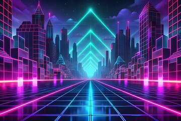 Wall Mural - futuristic neon futuristic city background with neon lines and neon lights. neon retro retro style. abstract background, digital technology, science and future concept,