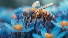 Detail Of Honeybee In Latin Apis Mellifera, European Or Western Honey Bee Sitting On The Violet Or Blue Flower 