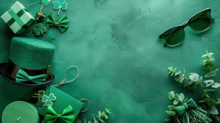Wall Mural - st. patrick's day decorations with top view of green party glasses, bow-tie, shamrocks cap, and gift box green background copy space