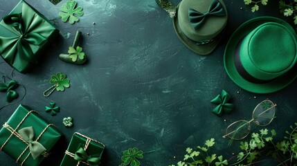 Wall Mural - st. patrick's day decorations with top view of green party glasses, bow-tie, shamrocks cap, and gift box green background copy space