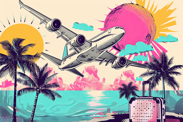 Banner for summer holidays. Pop art  with an airplane.