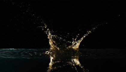 bouncing liquid, water, gold, ripples, droplets, crown, close-up, art, black background