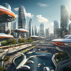 Poster - A futuristic cityscape with floating transportations