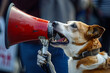 Dog yelling into a red and white megaphone