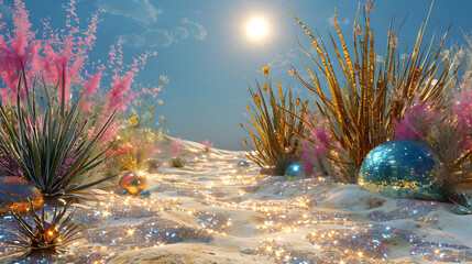 Wall Mural - a sparkling desert oasis at sunset with palm trees and a glittery crystal gems shore.