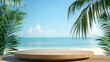 Tropischer Strandhintergrund mit leerem Holz Podium, Produktpräsentation Mockup für Sommer und Urlaub