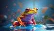 Colorful digital illustration of a whimsical frog with vibrant hues, sitting on a reflective water surface with splashing droplets.