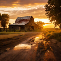 Wall Mural - Rustic countryside barn in golden hour light.