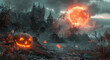 Apocalyptic Halloween landscape with a glowing pumpkin, desolate ruins, and a fiery orange sky with a menacing moon.