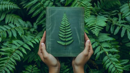 Canvas Print - Hands holding book in hard cover mockup among fern leaf 