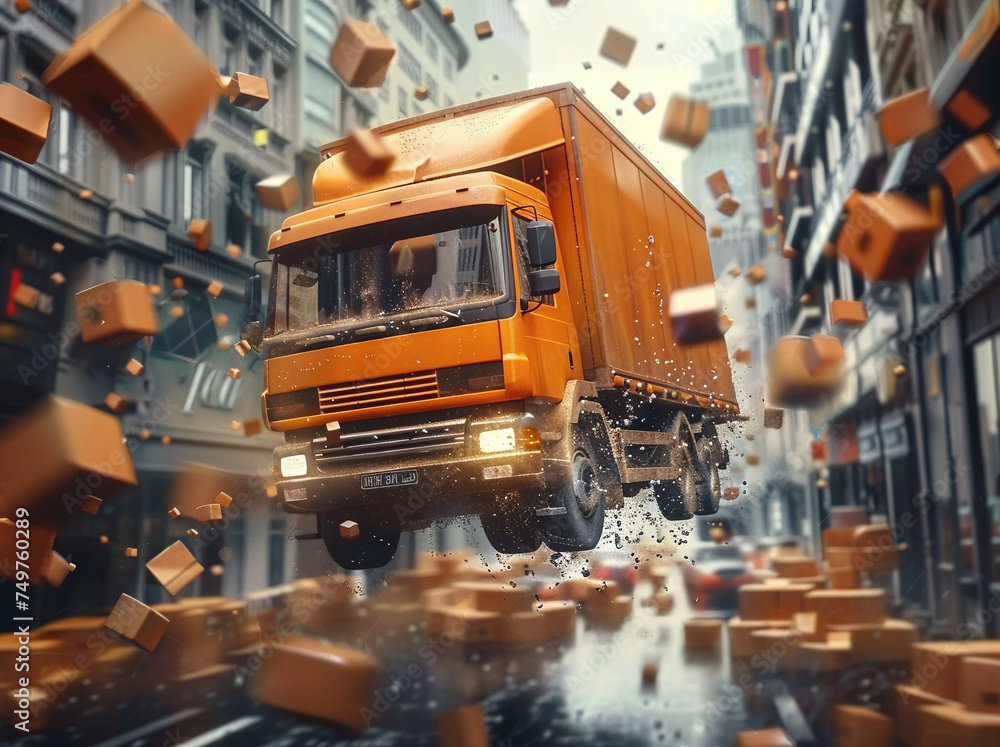 Delivery truck speeding through urban street with dynamic motion blur ...
