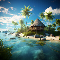 Wall Mural - Tropical island with thatched-roof huts.