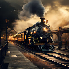 Canvas Print - Vintage train station with steam locomotive.