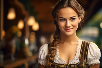 Wall Mural - A young beautiful woman in a dirndl outfit on the background of the Oktoberfest celebration. Bavarian beer festival.