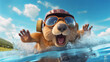 A digitally created beaver with goggles, joyfully swimming in clear blue water under a sunny sky.