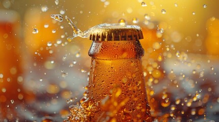 Poster - Opening of cold beer bottle - gas output and bottle cap in the air. Isolated on a yellow background.