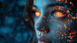 Close-up of woman digital eye with dot network flying through 3D rendering