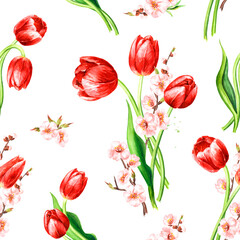 Red tulips and spring flowers. Hand drawn watercolor seamless pattern isolated on white background