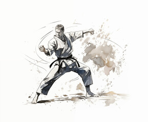 martial art sketch with a watercolor touch on white background.