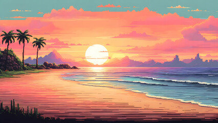 Wall Mural - Sunset on the beach seascape background. 8 bit pixel art style illustration.
