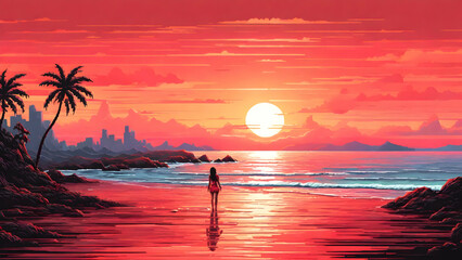 Wall Mural - Red sunset on the beach landscape background. 8 bit pixel art style illustration.