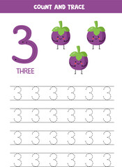 Wall Mural - Trace numbers. Number 3 three. Cute cartoon mangosteen.