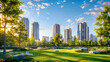 City Elegance: Skyline View of a Modern Urban Landscape with Towering Skyscrapers and Lush Park