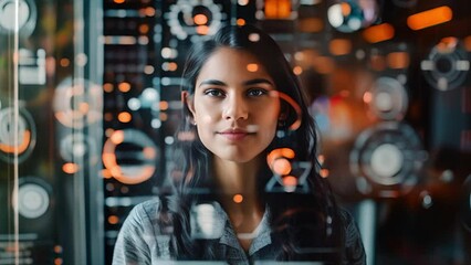 Wall Mural - Confident Latino woman smiling while looking through a translucent AR display with blue icons overlayed on the foreground