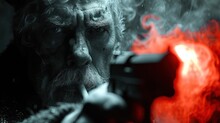 Gunman With A Cigarette, Aging Man Holding A Gun, Smoke And Fire In The Scene, An Old Man With A Gun And A Lit Cigarette.