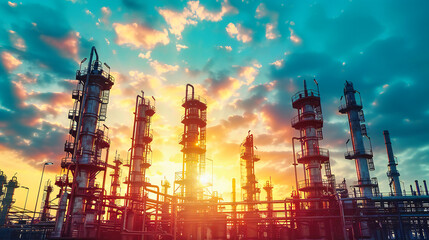 Sunset Refinery: Industrial Plant at Dusk, Silhouetted Towers Against the Twilight Sky