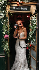 Bride in phone booth is talking to retro rotary phone. Audio guest book banner.