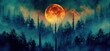 Moonlit Forest, Full Moon Over Trees, Nighttime Woodland Scene, Lunar Illumination in the Forest.