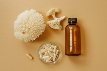 Poster - mushroom supplement tablets. Overhead view of mushrooms with herbal medicine pills
