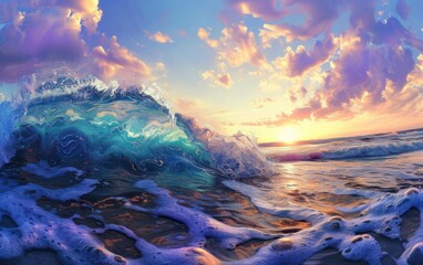 Wall Mural - Sunset at the Ocean Beach, Waves Crashing on the Shore, The Beauty of Nature: Sun, Sand, and Sea, A Serene Moment by the Ocean.