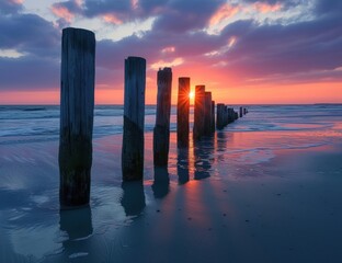 Wall Mural - Sunset at the Pier, Silhouettes of Pillars on Beach, Peaceful Ocean Scene with Sunrise, Beach Posts and Sunlight.