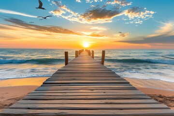 Wall Mural - Sunset at the Pier, Golden Hour on Wooden Dock, Peaceful Ocean Scene with Sunrise, Serene Seaside Walkway.