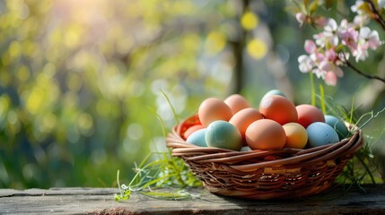 Wall Mural - Basket of colorful chicken eggs on a wooden table in the chicken farm