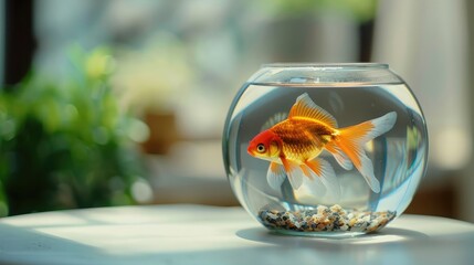 Wall Mural - Beautiful bright small goldfish in round glass aquarium on white table indoors. Space for text