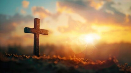 Wall Mural - cross on blurry sunset background. Christian, Christianity, Religion copyspace background.