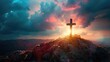 © buraratn - Jesus Christ cross. Easter, resurrection concept. Christian wooden cross on a background with dramatic lighting, colorful mountain sunset, dark clouds and sky, sunbeams