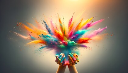 Sticker - Background for dolyatra with hands throwing colorful powders in air.