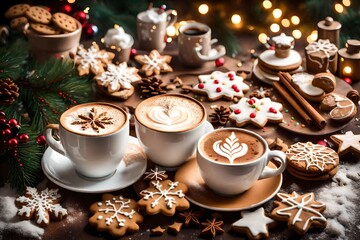 Wall Mural - cup of coffee and christmas cookies generated by AI technology