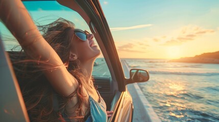 Happy woman girl goes on summer travel trip in the car feeling the ocean breeze through her finger tips.