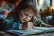 © Fotograf - A little girl sitting at a table with a pencil. Suitable for educational materials
